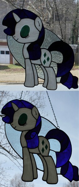 Size: 713x1685 | Tagged: artist:martianglasswork, derpibooru import, irl, photo, rarity, safe, stained glass, stained glass (irl)