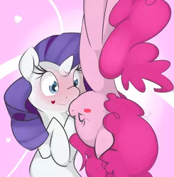 Size: 1280x1306 | Tagged: :|, artist:kryptchild, blushing, cute, dead source, derpibooru import, diapinkes, eyes closed, female, heart, kissing, lesbian, pinkie pie, raripie, rarity, safe, shipping, surprised, surprise kiss, upside down, wide eyes