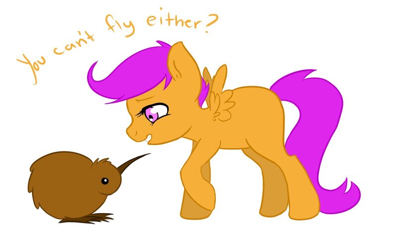 Size: 1156x691 | Tagged: artist:purrling, bird, derpibooru import, grin, kiwi, raised hoof, safe, scootaloo, scootaloo can't fly, smiling