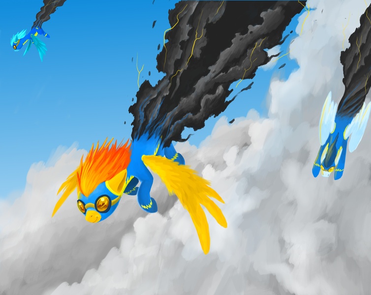 Size: 5000x3978 | Tagged: artist:olafski, clothes, derpibooru import, fleetfoot, flying, safe, soarin', spitfire, trail, uniform, wonderbolts, wonderbolts uniform