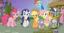 Size: 997x524 | Tagged: applejack, derpibooru import, fluttershy, hub logo, pinkie pie, princess twilight sparkle (episode), rainbow dash, rarity, safe, screencap, season 4, spike, zebra, zecora