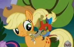 Size: 426x274 | Tagged: safe, derpibooru import, screencap, applejack, discord, twilight sparkle, twilight sparkle (alicorn), alicorn, pony, princess twilight sparkle (episode), season 4, cowboy, female, mare, rider