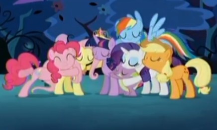 Size: 436x262 | Tagged: safe, derpibooru import, screencap, applejack, fluttershy, pinkie pie, rainbow dash, rarity, twilight sparkle, twilight sparkle (alicorn), alicorn, pony, princess twilight sparkle (episode), season 4, corporate photo, female, hug, mare