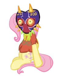 Size: 413x516 | Tagged: artist:flaminbunny, clothes, crossover, derpibooru import, fluttershy, mask, nintendo, safe, simple background, sitting, skull kid, solo, the legend of zelda, the legend of zelda: majora's mask