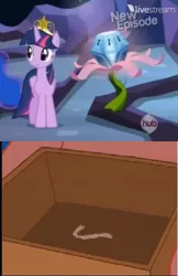 Size: 395x611 | Tagged: safe, derpibooru import, twilight sparkle, twilight sparkle (alicorn), alicorn, pony, princess twilight sparkle (episode), box, exploitable meme, female, hub logo, livestream, mare, meme, mystery box of plot importance, reference, secret box, secret string, spongebob squarepants, string, the secret box, what's in the box?