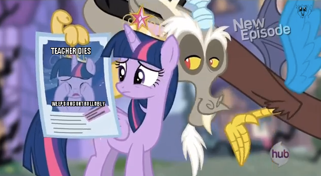 Size: 631x346 | Tagged: safe, derpibooru import, edit, edited screencap, screencap, discord, twilight sparkle, twilight sparkle (alicorn), alicorn, draconequus, pony, princess twilight sparkle (episode), season 4, caption, cropped, crying, duo, female, image macro, male, mare, text