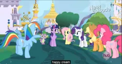 Size: 1151x610 | Tagged: safe, derpibooru import, edit, edited screencap, screencap, applejack, fluttershy, pinkie pie, rainbow dash, rarity, spike, twilight sparkle, twilight sparkle (alicorn), alicorn, pony, princess twilight sparkle (episode), season 4, caption, female, mane six, mare, meme, youtube caption