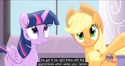 Size: 1148x610 | Tagged: safe, derpibooru import, edit, edited screencap, screencap, applejack, twilight sparkle, twilight sparkle (alicorn), alicorn, pony, princess twilight sparkle (episode), caption, female, mare, meme, racism, youtube caption