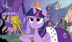 Size: 1238x720 | Tagged: safe, derpibooru import, screencap, twilight sparkle, twilight sparkle (alicorn), alicorn, pony, princess twilight sparkle (episode), annoyed, big crown thingy, black vine, cape, clothes, element of magic, female, frown, it begins, jewelry, mare, meme origin, regalia, robe, scepter, solo, twilight scepter, unamused