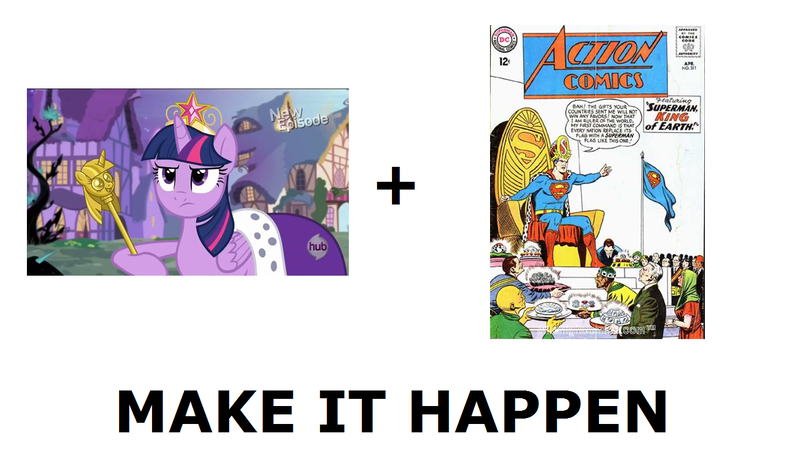 Size: 1337x796 | Tagged: safe, derpibooru import, twilight sparkle, twilight sparkle (alicorn), alicorn, pony, princess twilight sparkle (episode), exploitable meme, female, make it happen, mare, meme, scepter, superdickery, superman, twilight scepter