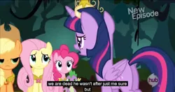 Size: 1150x609 | Tagged: safe, derpibooru import, edit, edited screencap, screencap, applejack, fluttershy, pinkie pie, rainbow dash, rarity, spike, twilight sparkle, twilight sparkle (alicorn), alicorn, pony, princess twilight sparkle (episode), butt, caption, female, mane six, mare, meme, plot, youtube caption