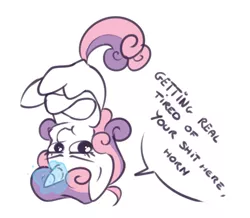 Size: 656x573 | Tagged: artist:secret-pony, derpibooru import, dialogue, everfree magic, grumpy, grumpy belle, levitation, magic, princess twilight sparkle (episode), safe, scene interpretation, season 4, solo, sweetie belle, sweetie belle is not amused, sweetie belle's magic brings a great big smile, :t, telekinesis, tired of your shit, unamused, upside down, vulgar