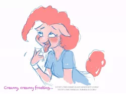 Size: 751x559 | Tagged: suggestive, artist:weasselk, derpibooru import, pinkie pie, anthro, princess twilight sparkle (episode), ahegao, bedroom eyes, blushing, clothes, creamy creamy frosting, drool, drool string, female, floppy ears, lidded eyes, open mouth, scene interpretation, simple background, solo, solo female, tongue out, white background