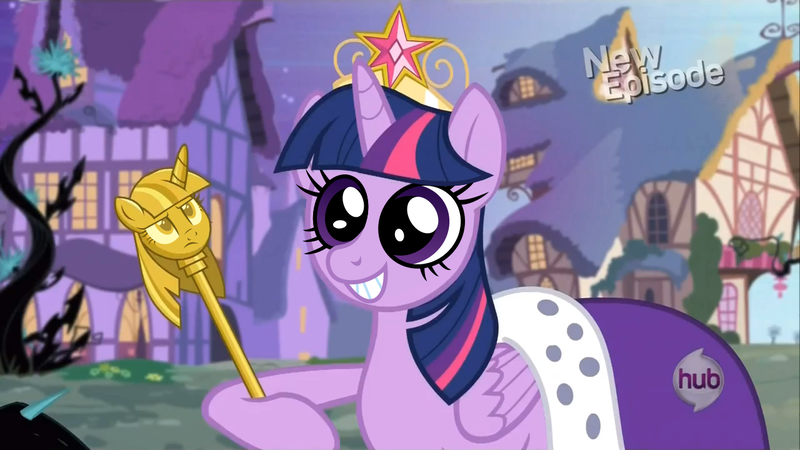 Size: 1280x720 | Tagged: safe, derpibooru import, edit, edited screencap, screencap, twilight sparkle, twilight sparkle (alicorn), alicorn, pony, princess twilight sparkle (episode), big crown thingy, cute, element of magic, exploitable meme, face swap, female, hub logo, jewelry, majestic as fuck, mare, meme, regalia, scepter, solo, twilight scepter, twilight scepter meme, unamused, vine, wallpaper