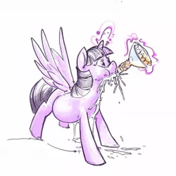 Size: 1140x1140 | Tagged: artist needed, suggestive, derpibooru import, twilight sparkle, twilight sparkle (alicorn), alicorn, pony, princess twilight sparkle (episode), belly, drinking, female, flashback potion, inflation, mare, not milk, simple background, solo, solo female, spread wings, white background, wingboner, wings