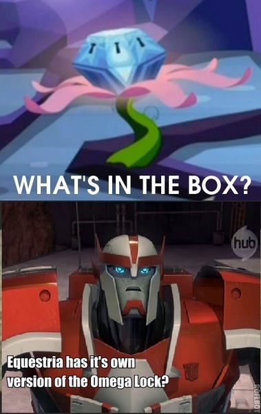 Size: 442x700 | Tagged: caption, derpibooru import, exploitable meme, hub logo, image macro, meme, mystery box of plot importance, omega lock, princess twilight sparkle (episode), ratchet, safe, season 4, text, transformers, transformers prime, what's in the box?