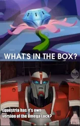 Size: 442x700 | Tagged: caption, derpibooru import, exploitable meme, hub logo, image macro, meme, mystery box of plot importance, omega lock, princess twilight sparkle (episode), ratchet, safe, season 4, text, transformers, transformers prime, what's in the box?