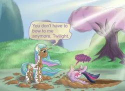 Size: 1024x747 | Tagged: safe, artist:firefanatic, derpibooru import, princess celestia, twilight sparkle, twilight sparkle (alicorn), alicorn, pony, princess twilight sparkle (episode), crash, crashlight, dialogue, dirt, faceplant, female, mare