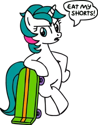 Size: 880x1117 | Tagged: safe, artist:hirake! pony key, derpibooru import, gusty, pony, akbar, bart simpson, bipedal, font, g1, g1 to g4, generation leap, nancy cartwright, skateboard, solo, the simpsons, voice actor joke