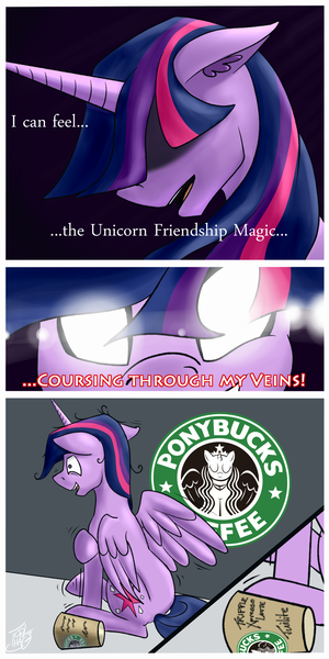 Size: 1000x2000 | Tagged: safe, artist:tlatophat, derpibooru import, twilight sparkle, twilight sparkle (alicorn), alicorn, pony, caffeine, coffee, comic, female, food, latte, mare, product placement, starbucks