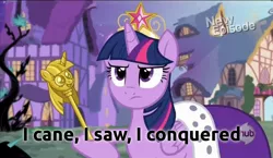 Size: 1238x720 | Tagged: safe, derpibooru import, twilight sparkle, twilight sparkle (alicorn), alicorn, pony, princess twilight sparkle (episode), caption, female, image macro, julius caesar, mare, meme, scepter, solo, text, twilight scepter, veni vidi vici