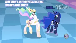 Size: 640x360 | Tagged: caption, derpibooru import, image macro, no tail, princess celestia, princess luna, princess twilight sparkle (episode), safe, season 4, spaceballs the tag, text