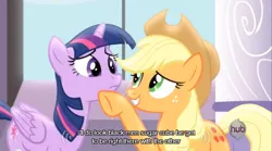 Size: 640x355 | Tagged: safe, derpibooru import, edit, edited screencap, screencap, applejack, twilight sparkle, twilight sparkle (alicorn), alicorn, pony, princess twilight sparkle (episode), season 4, caption, female, mare, meme, mlp-captions, racism, youtube caption