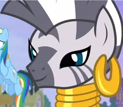 Size: 540x471 | Tagged: cropped, derpibooru import, ear piercing, earring, female, flashback potion, jewelry, mare, neck rings, piercing, princess twilight sparkle (episode), rainbow dash, reaction image, safe, screencap, solo focus, zebra, zecora