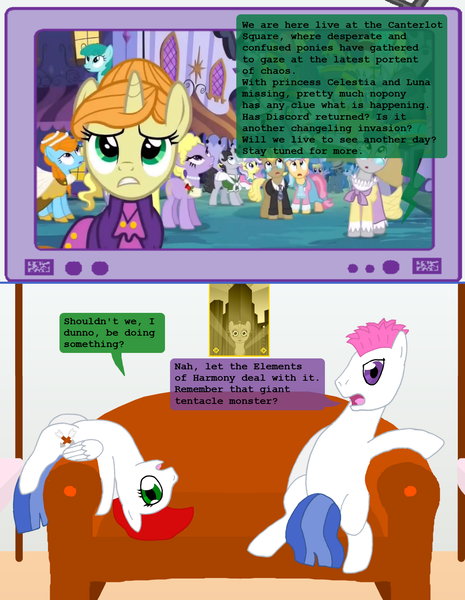 Size: 1102x1423 | Tagged: artist:hakar-kerarmor, ask four inept guardponies, couch, derpibooru import, oc, oc:arrowhead, oc:monolith, on back, princess twilight sparkle (episode), royal guard, safe, season 4, sitting