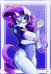 Size: 2320x3394 | Tagged: ambiguous facial structure, anthro, artist:europamaxima, bedroom eyes, belly button, bracelet, breasts, busty rarity, cleavage, clothes, curvy, derpibooru import, evening gloves, female, fingerless elbow gloves, fingerless gloves, gloves, high-cut clothing, jacket, jewelry, leotard, long gloves, necklace, pantyhose, power ponies, power ponies (episode), radiance, rarity, solo, solo female, suggestive