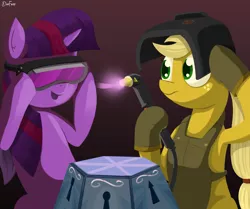 Size: 6000x5008 | Tagged: safe, artist:dimfann, derpibooru import, applejack, twilight sparkle, twilight sparkle (alicorn), alicorn, pony, princess twilight sparkle (episode), absurd resolution, female, mare, mystery box of plot importance, parody, plasma cutter, scene interpretation, scene parody