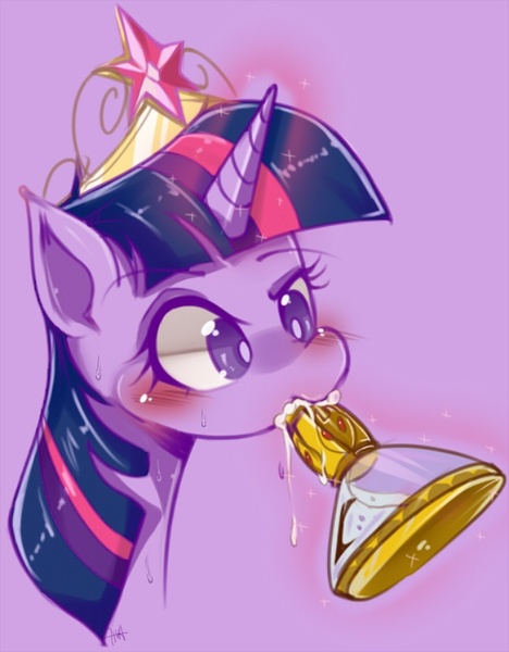 Size: 600x770 | Tagged: suggestive, artist:hua, derpibooru import, twilight sparkle, twilight sparkle (alicorn), alicorn, pony, princess twilight sparkle (episode), big crown thingy, blushing, drinking, drip, dripping, element of magic, female, flashback potion, jewelry, magic, mare, not milk, raised eyebrow, regalia, scene interpretation, solo, sweat, tiara