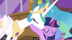 Size: 635x352 | Tagged: safe, derpibooru import, edit, edited screencap, screencap, princess celestia, twilight sparkle, twilight sparkle (alicorn), alicorn, pony, princess twilight sparkle (episode), caption, female, hub logo, mare, meme, youtube caption