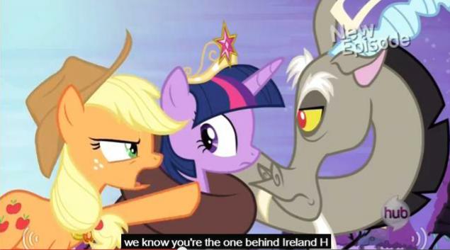 Size: 635x353 | Tagged: safe, derpibooru import, edit, edited screencap, screencap, applejack, discord, twilight sparkle, twilight sparkle (alicorn), alicorn, pony, princess twilight sparkle (episode), caption, female, mare, meme, youtube caption