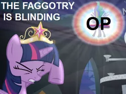 Size: 458x343 | Tagged: safe, derpibooru import, edit, edited screencap, screencap, princess celestia, twilight sparkle, twilight sparkle (alicorn), alicorn, pony, princess twilight sparkle (episode), caption, female, image macro, mare, op is a faggot, reaction image, slur, text, vulgar