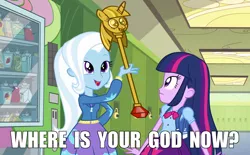 Size: 1280x794 | Tagged: safe, derpibooru import, trixie, twilight sparkle, equestria girls, princess twilight sparkle (episode), crossing the memes, exploitable meme, look what trixie found, meme, memeception, scepter, twilight scepter, where is your god now?