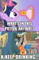 Size: 1043x1577 | Tagged: suggestive, derpibooru import, discord, twilight sparkle, alicorn, pony, princess twilight sparkle (episode), caption, discolight, female, flashback, flashback potion, image, image macro, implied cum, jpeg, male, mysterious white liquid, not milk, potion, shipping, straight, text, wtf