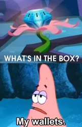 Size: 500x770 | Tagged: derpibooru import, exploitable meme, meme, mermaid man and barnacle boy iii, mystery box of plot importance, patrick star, princess twilight sparkle (episode), safe, spongebob squarepants, what's in the box?