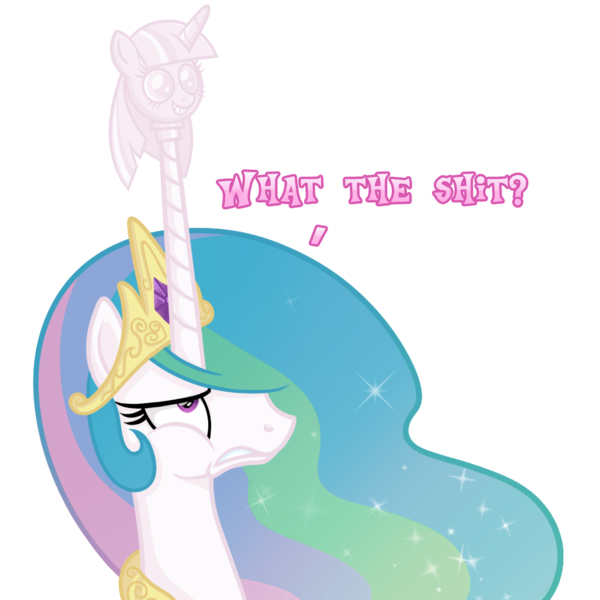 Size: 1000x1000 | Tagged: safe, artist:tenaflyviper, derpibooru import, princess celestia, twilight sparkle, twilight sparkle (alicorn), alicorn, pony, princess twilight sparkle (episode), female, mare, scepter, solo, twilight scepter, unicane, vulgar