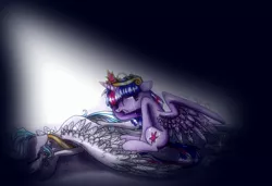 Size: 2121x1451 | Tagged: safe, artist:frostykat13, derpibooru import, princess celestia, twilight sparkle, twilight sparkle (alicorn), alicorn, pony, princess twilight sparkle (episode), crying, deadlestia, element of magic, eyes closed, female, floppy ears, gritted teeth, mare, prone, scene interpretation, spread wings, wings