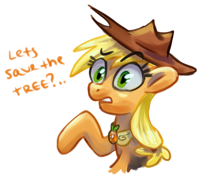 Size: 1113x990 | Tagged: applejack, artist:kaermter, bust, derpibooru import, element of honesty, portrait, princess twilight sparkle (episode), raised hoof, safe, simple background, solo, text