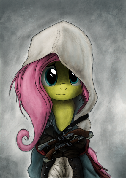 Size: 800x1133 | Tagged: artist:hewison, assassin's creed, assassin's creed iv black flag, clothes, crossover, derpibooru import, edward kenway, fluttershy, gun, handgun, hood, pistol, safe, solo, weapon