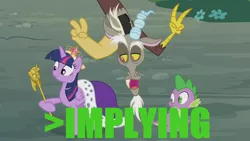 Size: 1706x960 | Tagged: safe, derpibooru import, discord, twilight sparkle, twilight sparkle (alicorn), alicorn, pony, princess twilight sparkle (episode), air quotes, caption, female, image macro, implying, mare, meme, scepter, text, twilight scepter