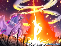 Size: 1000x750 | Tagged: safe, artist:the0ne-u-lost, derpibooru import, twilight sparkle, twilight sparkle (alicorn), alicorn, pony, back, explosion, female, fire, mare, solo