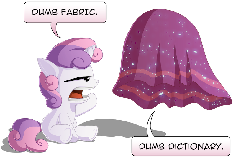 Size: 800x535 | Tagged: artist:berrypawnch, derpibooru import, dictionary, dictionary belle, dumb fabric, everfree magic, fabric, magic, princess twilight sparkle (episode), safe, solo, speech bubble, sweetie belle