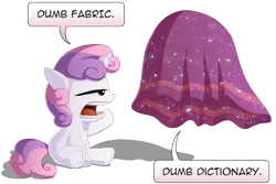 Size: 800x535 | Tagged: artist:berrypawnch, derpibooru import, dictionary, dictionary belle, dumb fabric, everfree magic, fabric, magic, princess twilight sparkle (episode), safe, solo, speech bubble, sweetie belle