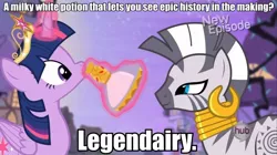 Size: 960x539 | Tagged: safe, derpibooru import, twilight sparkle, twilight sparkle (alicorn), zecora, alicorn, pony, zebra, princess twilight sparkle (episode), caption, female, flashback potion, image macro, legends of equestria, magic, mare, meme, pun, text