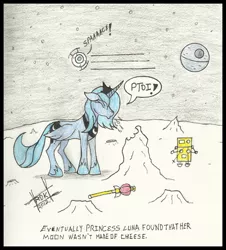 Size: 630x697 | Tagged: a grand day out, artist:rdk, crossover, death star, derpibooru import, moon, portal (valve), princess luna, realization, s1 luna, safe, sailor moon, space, space core, star wars, traditional art, wallace and gromit