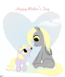Size: 2157x2550 | Tagged: safe, artist:bunnimation, derpibooru import, derpy hooves, dinky hooves, pegasus, pony, cute, equestria's best daughter, female, flower, flower in mouth, heart, looking up, mare, mother's day, mouth hold