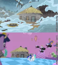 Size: 1280x1440 | Tagged: safe, derpibooru import, edit, edited screencap, screencap, discord, princess celestia, princess luna, twilight sparkle, twilight sparkle (alicorn), alicorn, pony, hearth's warming eve (episode), princess twilight sparkle (episode), blizzard, building, chaos, comparison, discorded landscape, female, hearth's warming eve, house, hovel, hut, mare, snow, snowfall, windmill